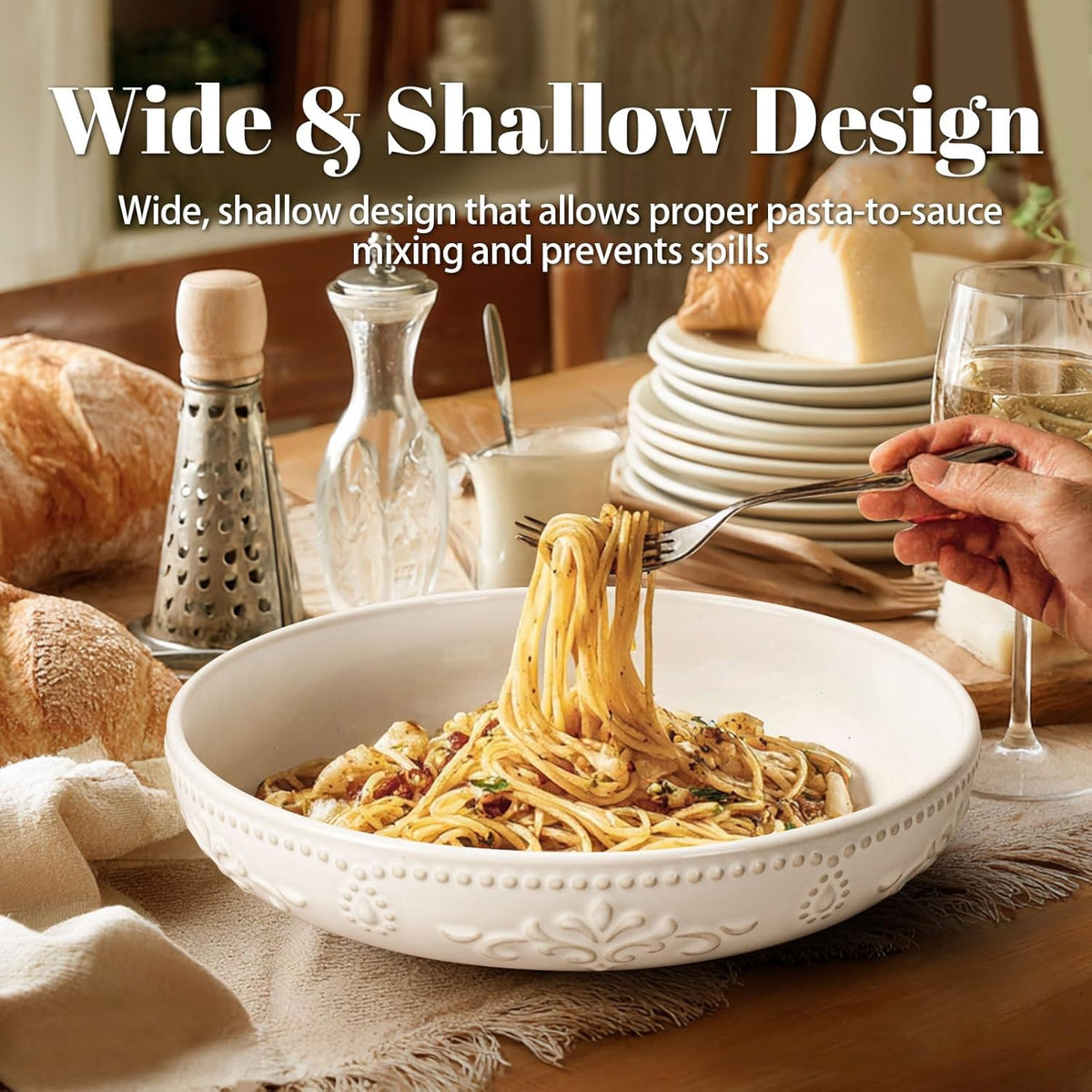 Artena Pasta Bowls, 50oz Large Salad Serving Bowls, 9.75'' Plates Bowl Set of 4, Big White Ceramic Soup Bowl for Kitchen, Embossment Shallow Dinner Bowl, Microwave Dishwasher Safe, Damask Floral