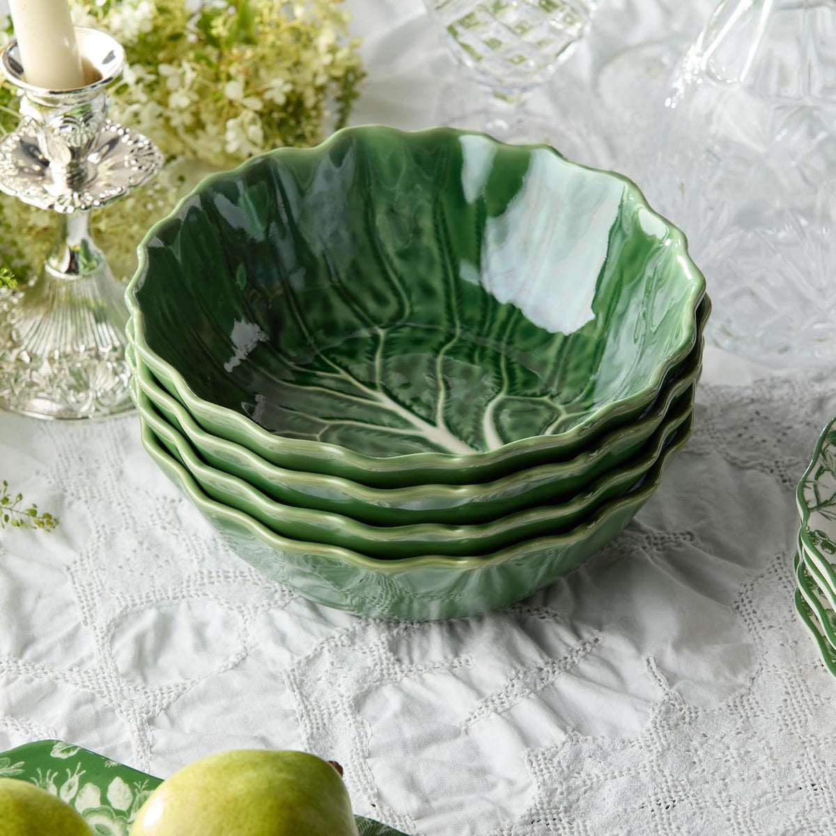 Le Jardin Green Cabbage plates 3D SOUP/CEREAL BOWLS, SET OF FOUR, 8.5" x 2.75" – Sculpted Green Stoneware Leaf Bowls– Garden-Inspired Serveware for Soups, Salads, Pasta & Everyday