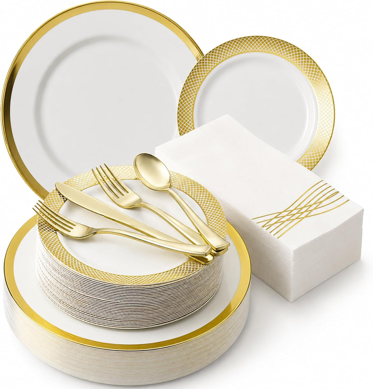 By Madee HEAVYWEIGHT White Plastic Plates with Gold Trim 175 PCS