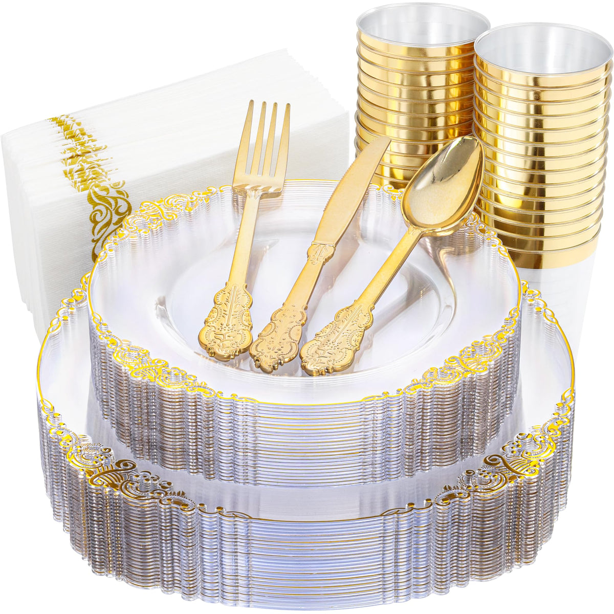 Nervure 350Pcs Gold Plastic Plates, Disposable Dinnerware Set for 50 Guests