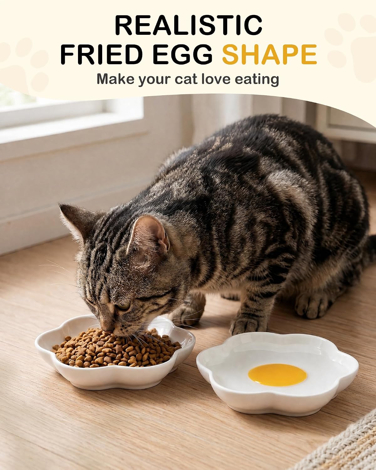 TRUVIC 3 Pack Ceramic Cat Food Bowls, 5.9 Inch Ceramic Cat Dishes Set for Indoor Cats and Small Dogs, Anti Whisker Fatigue Kitten Bowls, Wide Shallow Kitten Plates for Food and Water (Fried Egg)