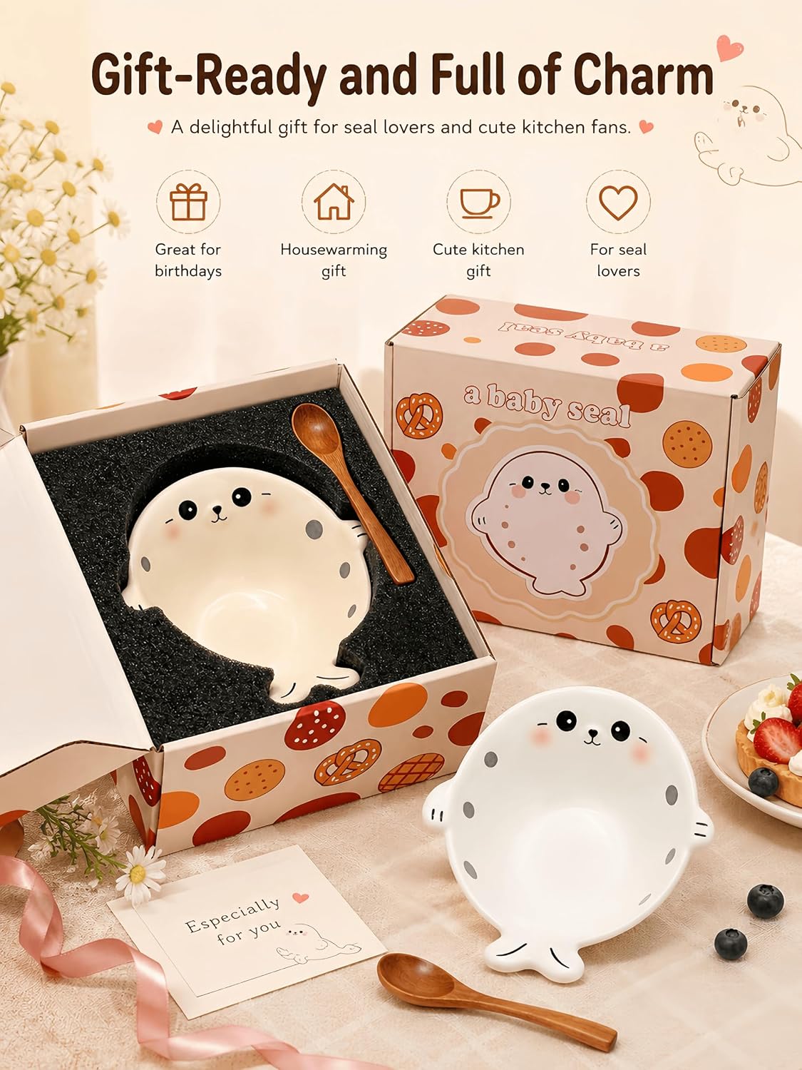 Cute Seal Ceramic Bowl with Wooden Spoon, Ice Cream Bowl, Cream