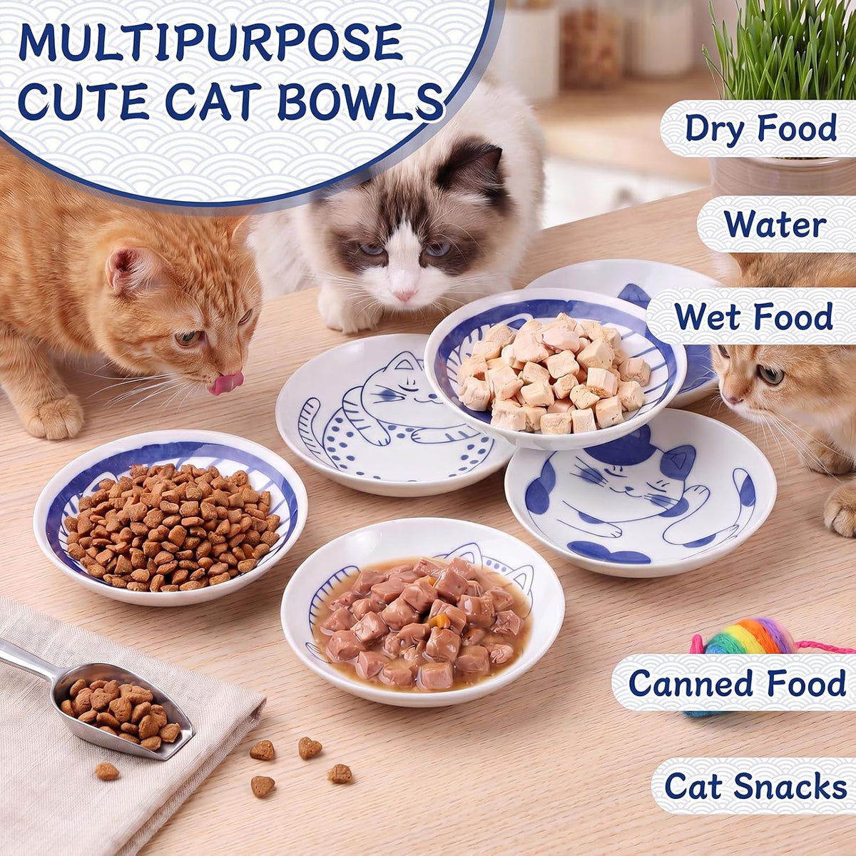 8 Pcs Kawaii Cat Ceramic Bowls Set, 4 Inch Shallow Cat Food Dish