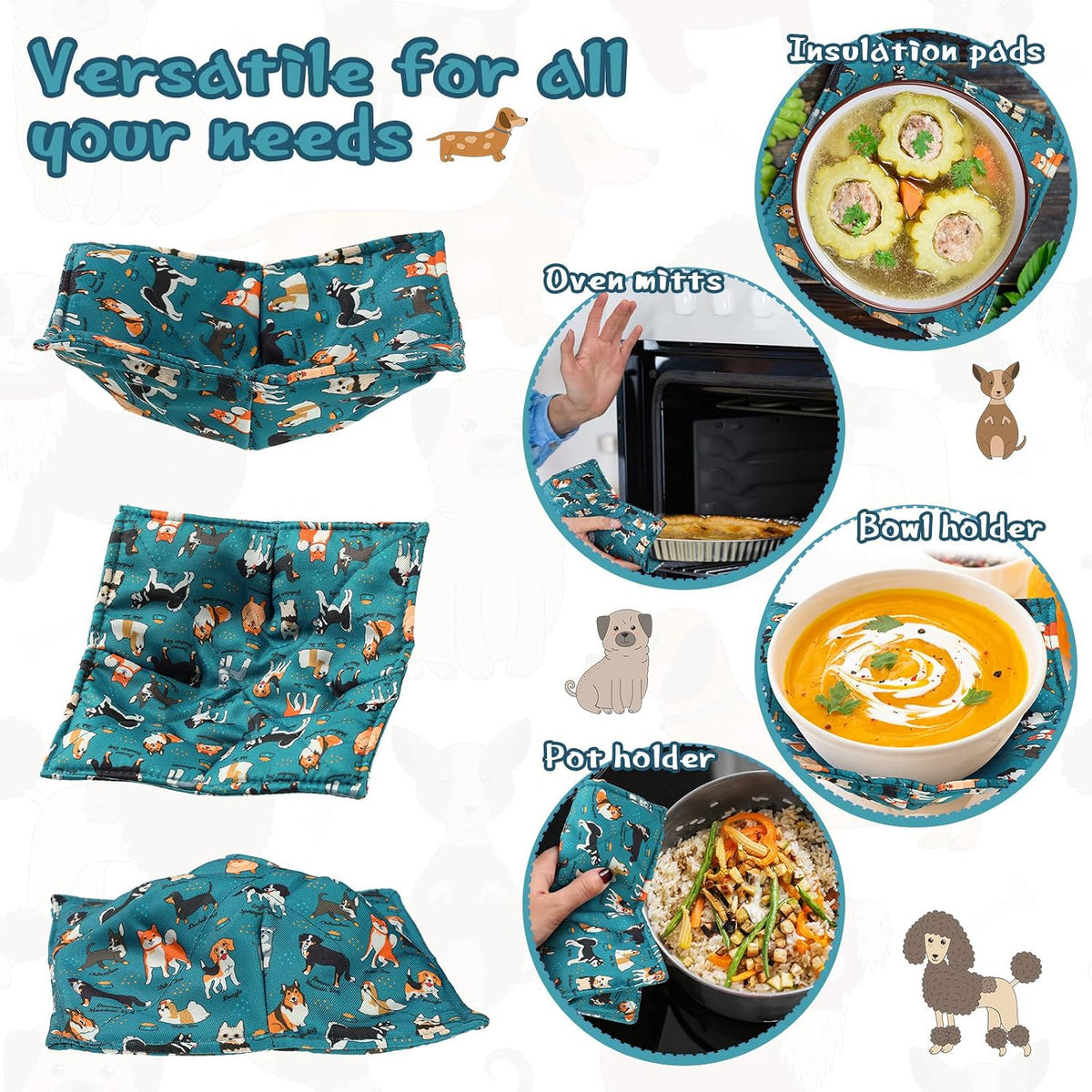 Cunhill 4 Pcs Cotton Microwave Bowl Cozy,Blue,Dog Style