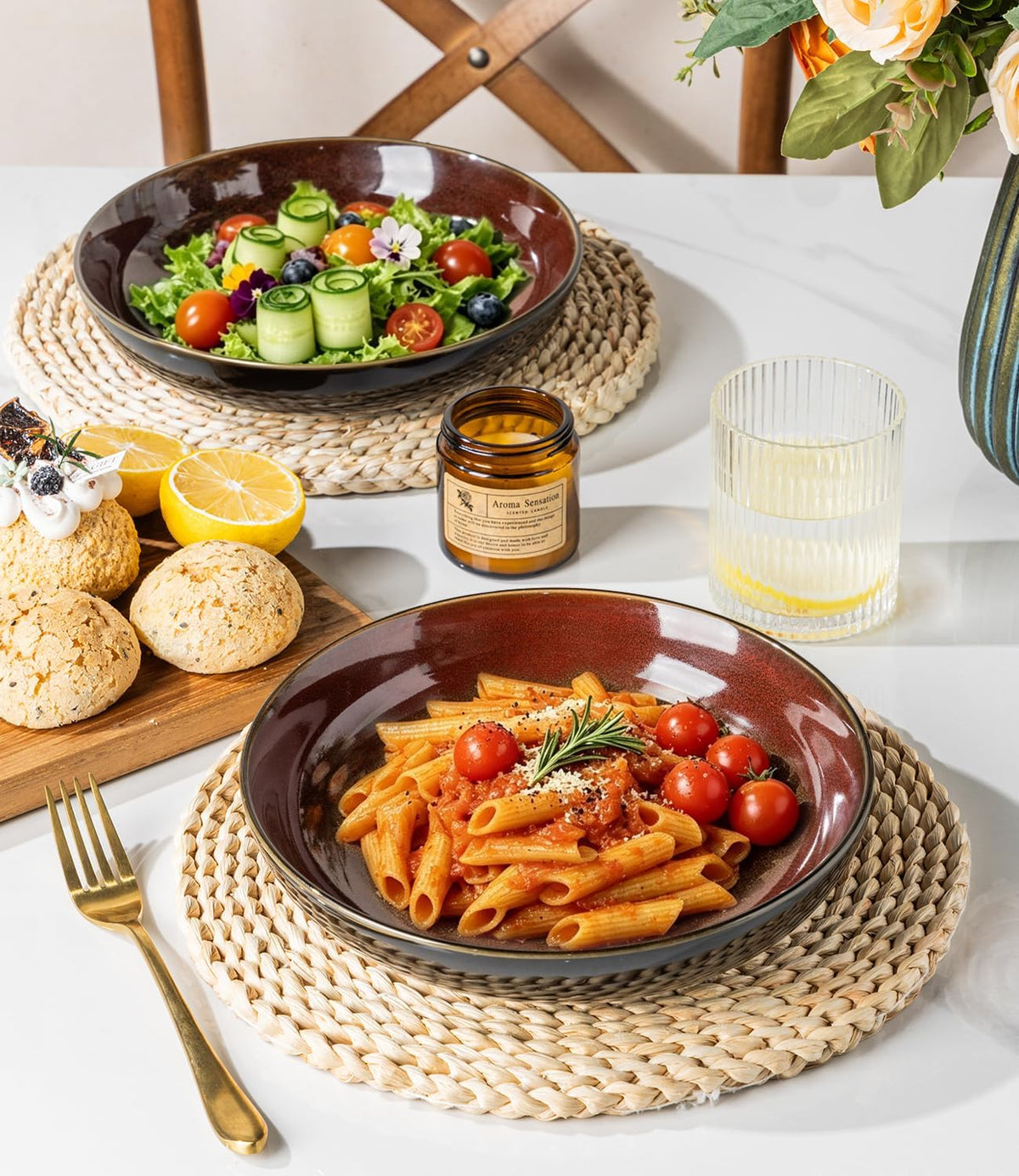 LERATIO 9.0" Ceramic Pasta Bowls Set of 4,38oz Large Stoneware Bowls Set