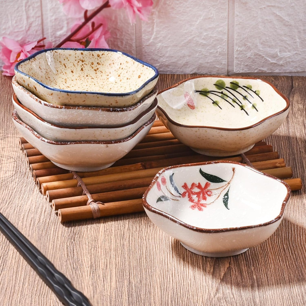 Japanese Ceramic Soy Sauce Dish Set of 6, 4'' Vintage Small Dipping Bowls