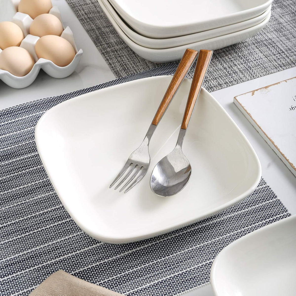 Selamica Porcelain 8-inch Square Dinner Plates, Pasta Salad Bowls, Set of 6, White