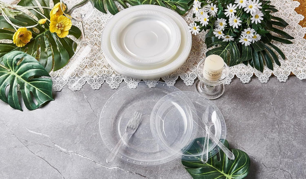 FULING 175 PCS Clear Party Supplies Disposable Dinnerware Set Plastic Plates and Paper Napkins Cups Silverware Serve 25 Sets for Birthday Bridal Shower Wedding Engagement Graduation Parties