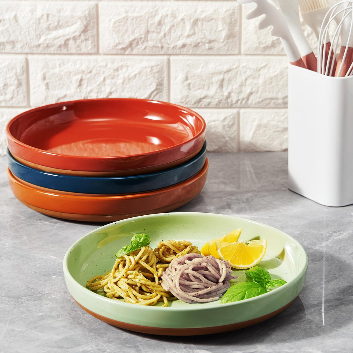 Khen Ceramic Flat Pasta Bowl Plate Set of 4-35oz, Microwave Safe with High Edge for Kitchen and Eating, Large Wide Bowls/Plates for Serving Dinner, Lunch, Salad, Cereals - Pastel Neutral Colors Gift