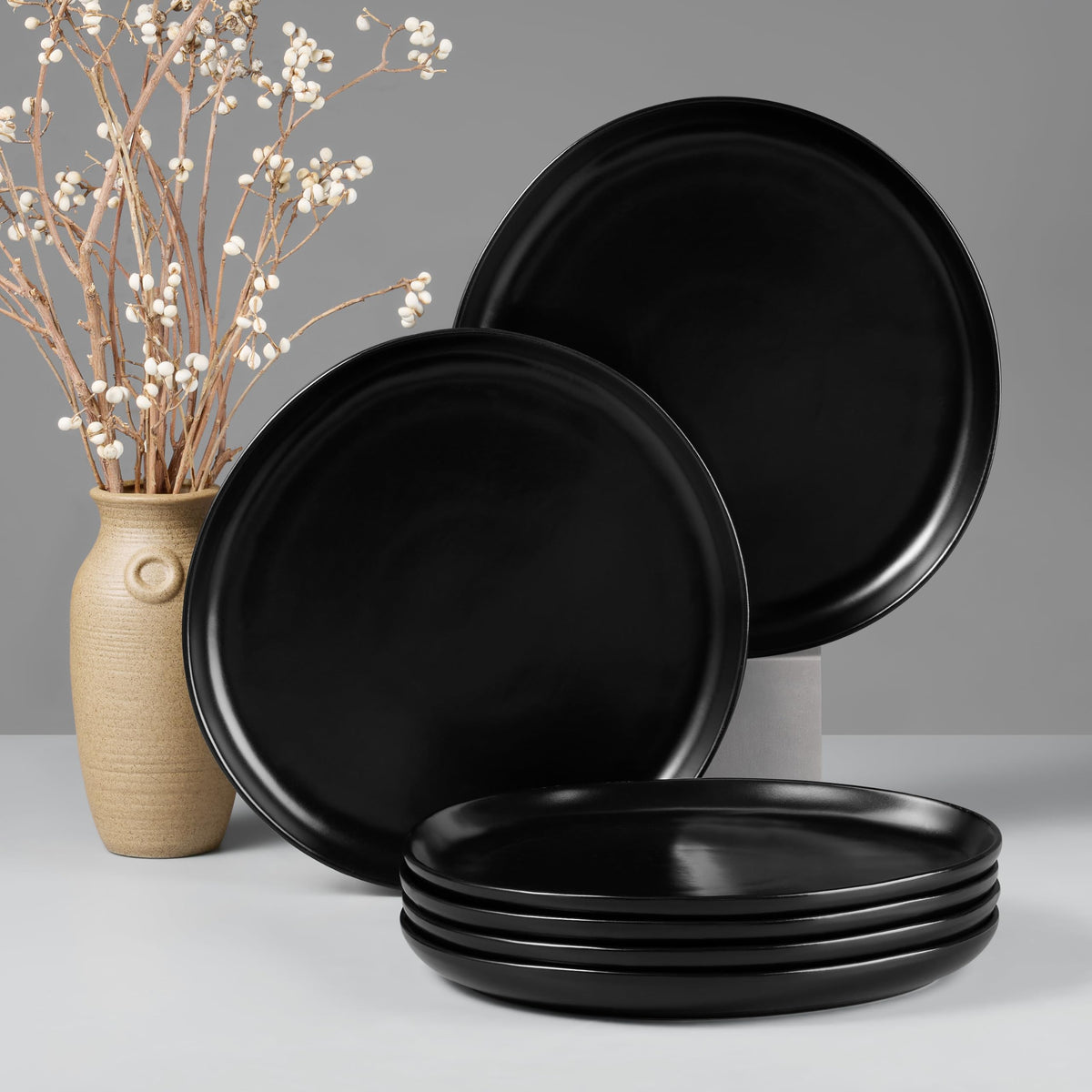 HaWare Stoneware Dinner Plates Set of 6, 10" Heavy Duty Ceramic Plate, Reactive Glaze Ripple Dinnerware for Home Restaurant, Chip and Scratch Resistant, Microwave and Dishwasher Safe, Matte Black