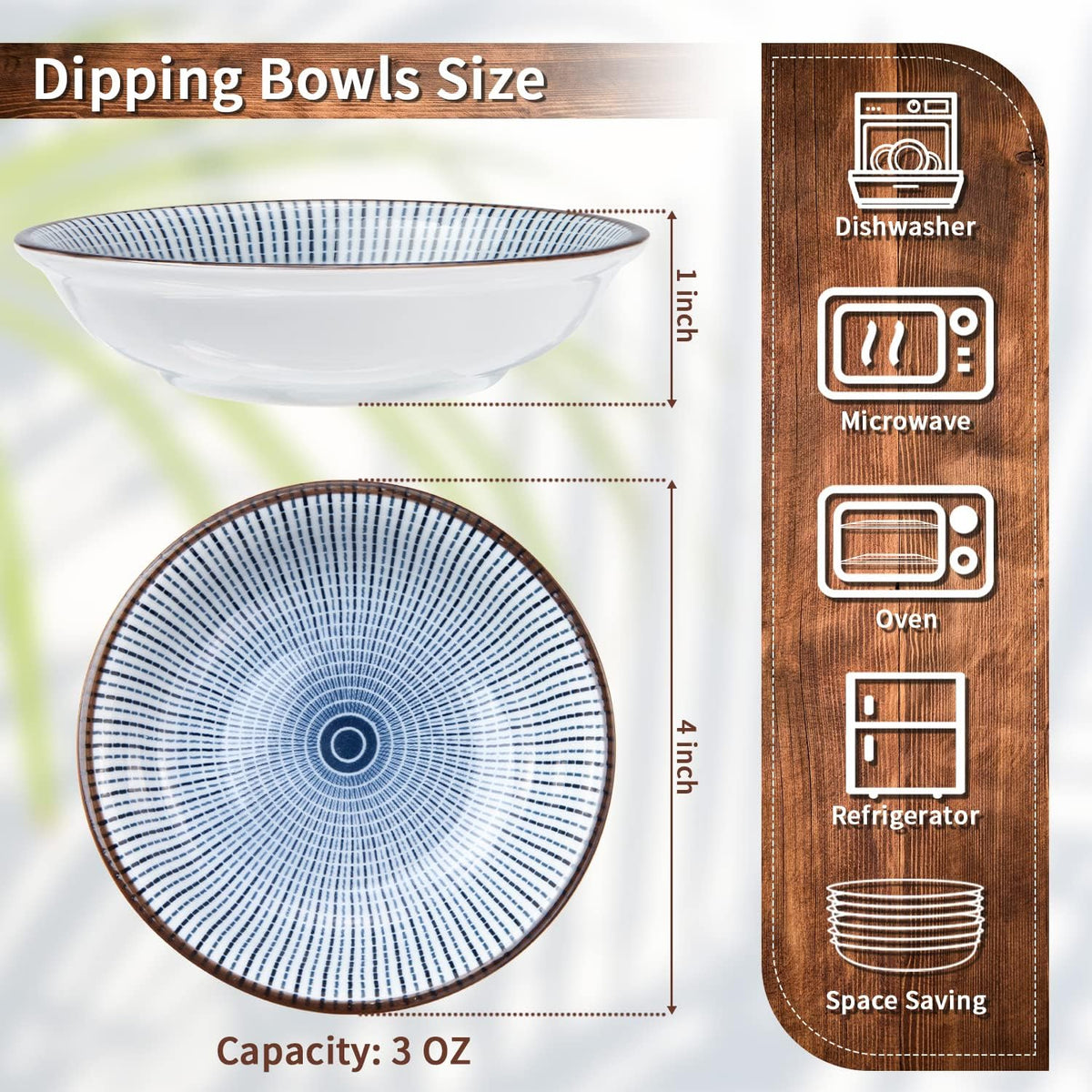 Eisinly 6 Pack Dipping Bowls,3 OZ Small Ceramic Soy Sauce Dish,Vintage Blue