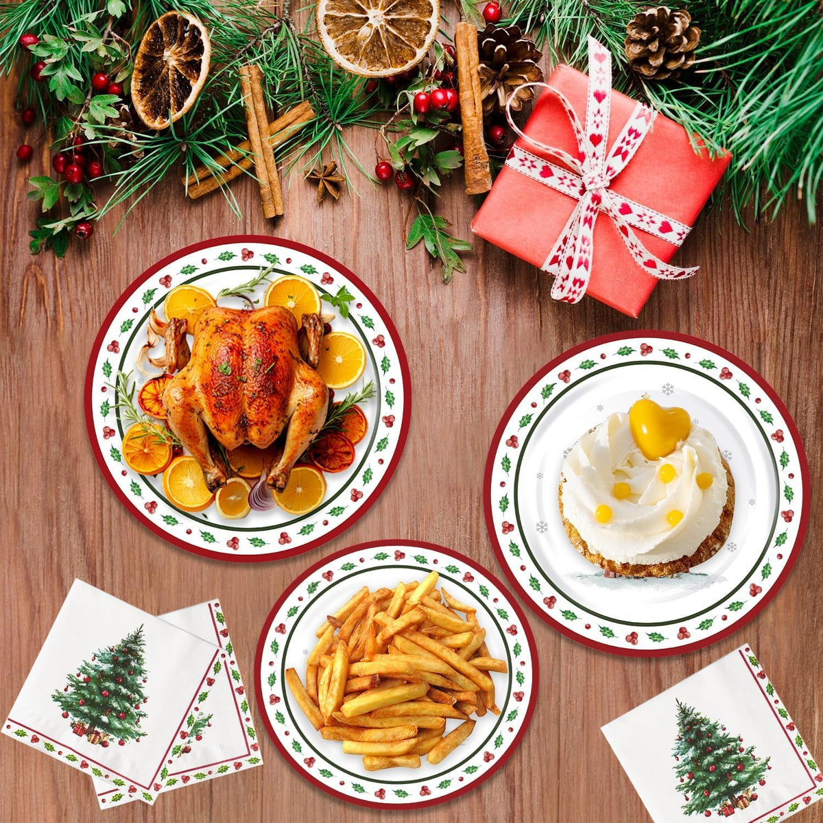 Christmas Plates and Napkins, Disposable Party Tableware Set, Serves 50