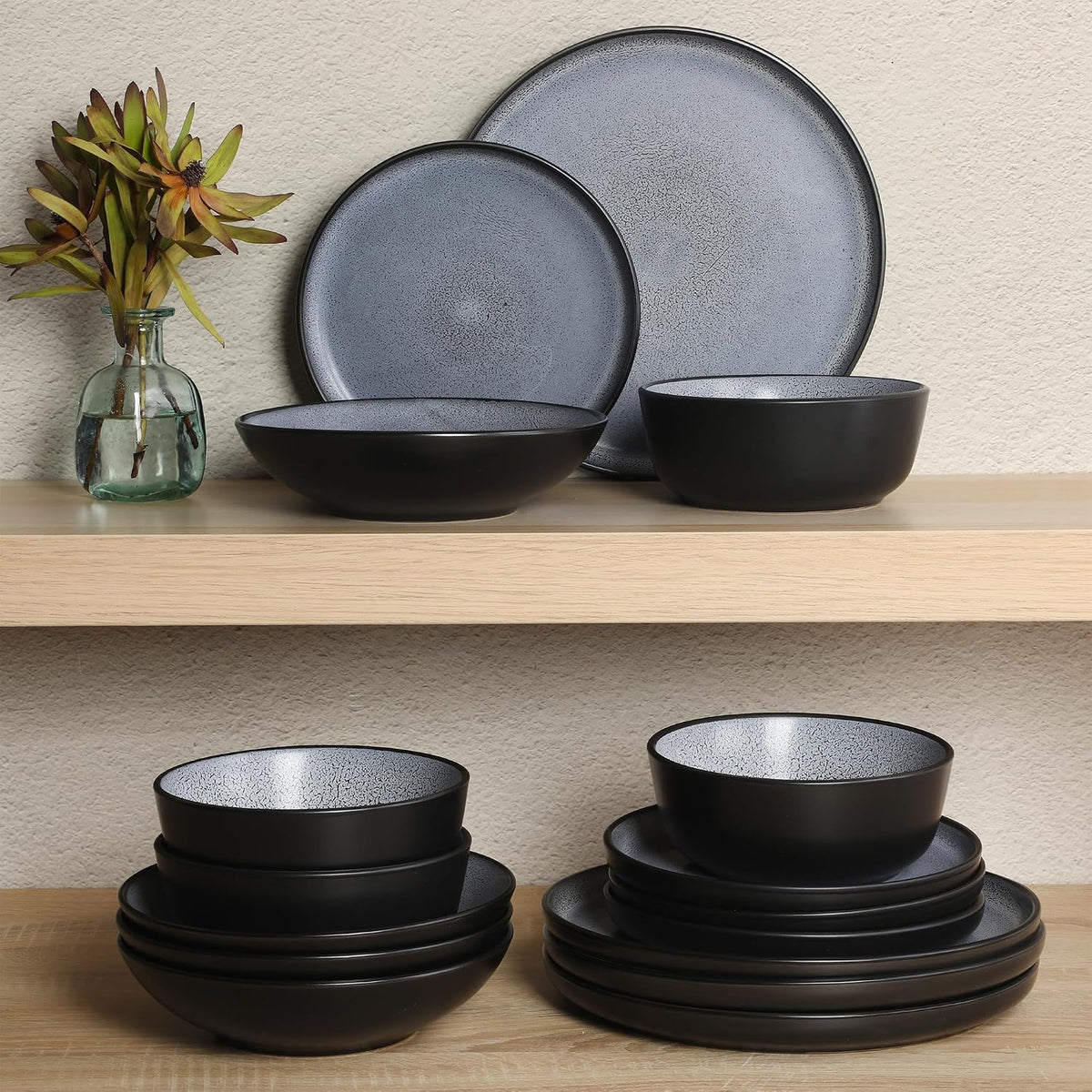 Gibson Elite Tribeca Loft 16-Piece Dinnerware Set – Matte Black and Blue Reactive Glaze Stoneware, Double Bowl Round Plates and Bowls – Modern Rustic Dinnerware for 4, Dishwasher & Microwave Safe
