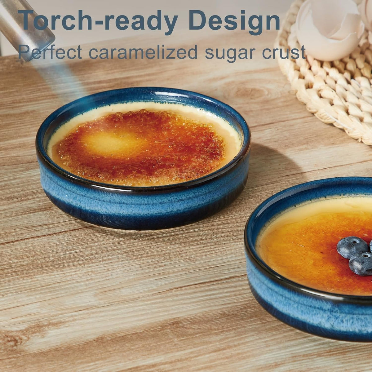 ONEMORE 4 oz Ramekins Oven Safe, Ceramic Ramekins for Creme Brulee, Custard, Pudding, Souffle, Blue Shallow Ramekin Dishes, Small Porcelain Ramekin Set of 6 for Baking & Serving
