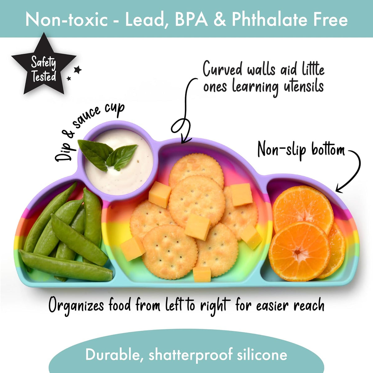 PrimaStella Silicone Easy-Reach Divided Toddler Plate - BPA Free - Microwave & Dishwasher Safe (Rainbow Swirl)