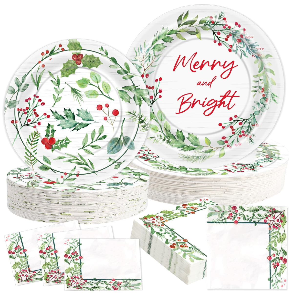 Christmas Plates and Napkins, Disposable Party Tableware Set, Serves 50