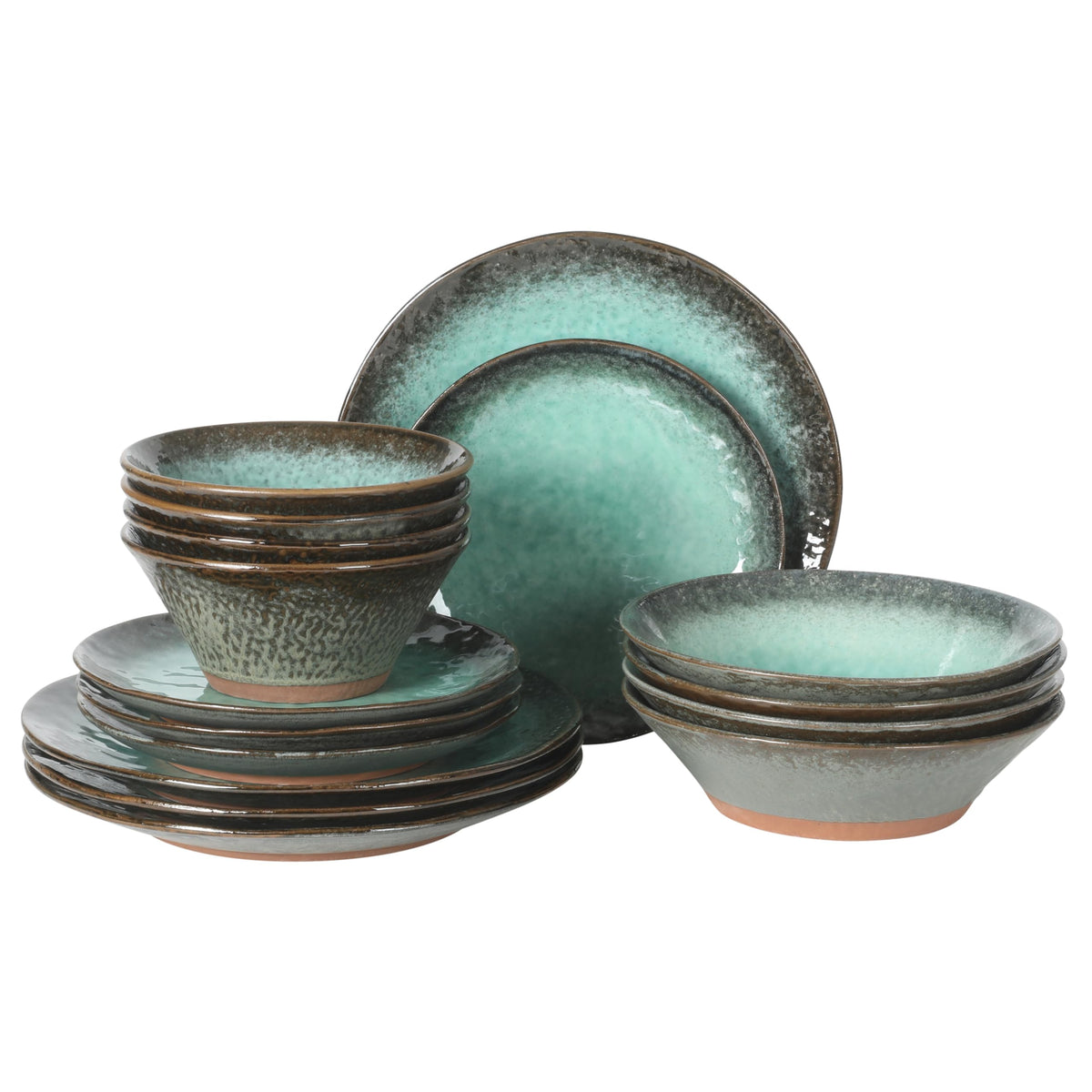 Gibson Elite Tribeca Loft 16-Piece Dinnerware Set – Matte Black and Blue Reactive Glaze Stoneware, Double Bowl Round Plates and Bowls – Modern Rustic Dinnerware for 4, Dishwasher & Microwave Safe