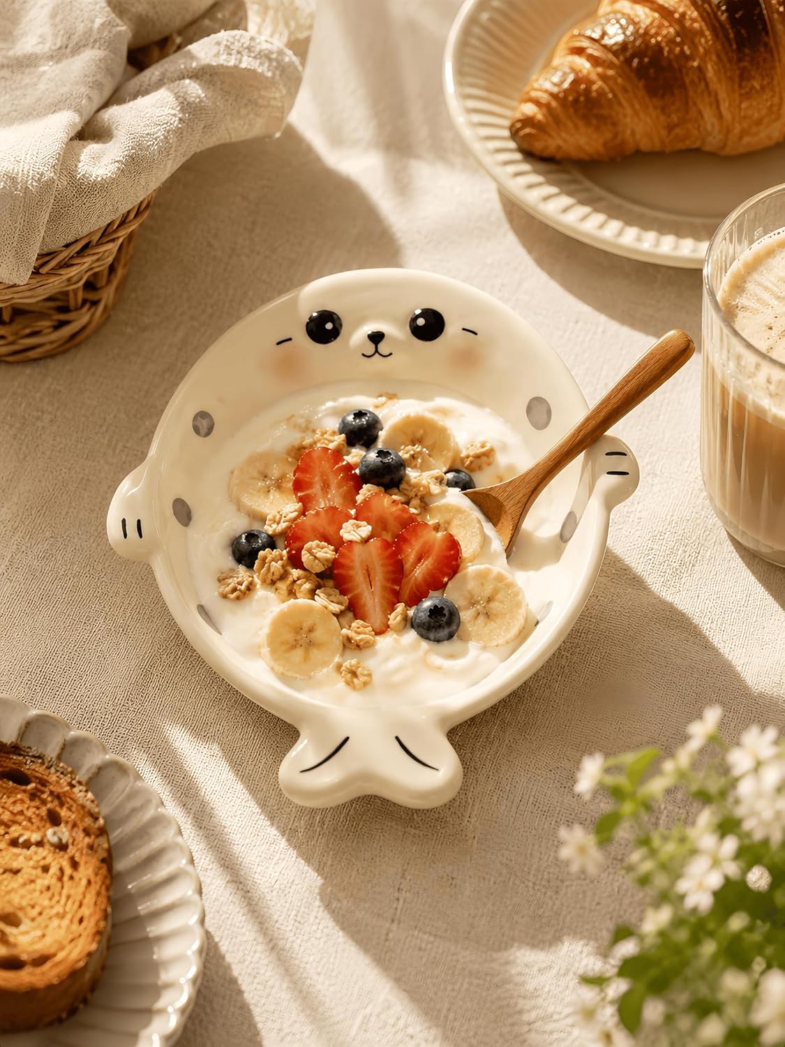 Cute Seal Ceramic Bowl with Wooden Spoon, Ice Cream Bowl, Cream