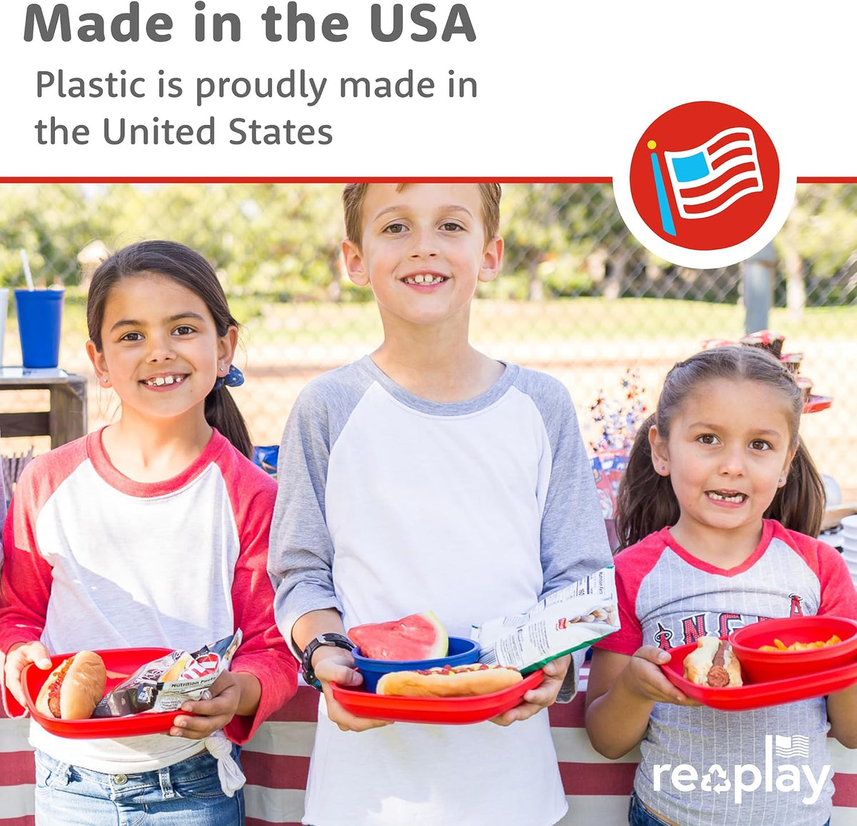 Re-Play Toddler Plates - 22 Oz. Deep-Walled Flat Kids Plates - Dishwasher & Microwave Safe - Made in USA - Set of 3-7.37" x 7.37" x 1.25" - True Blue