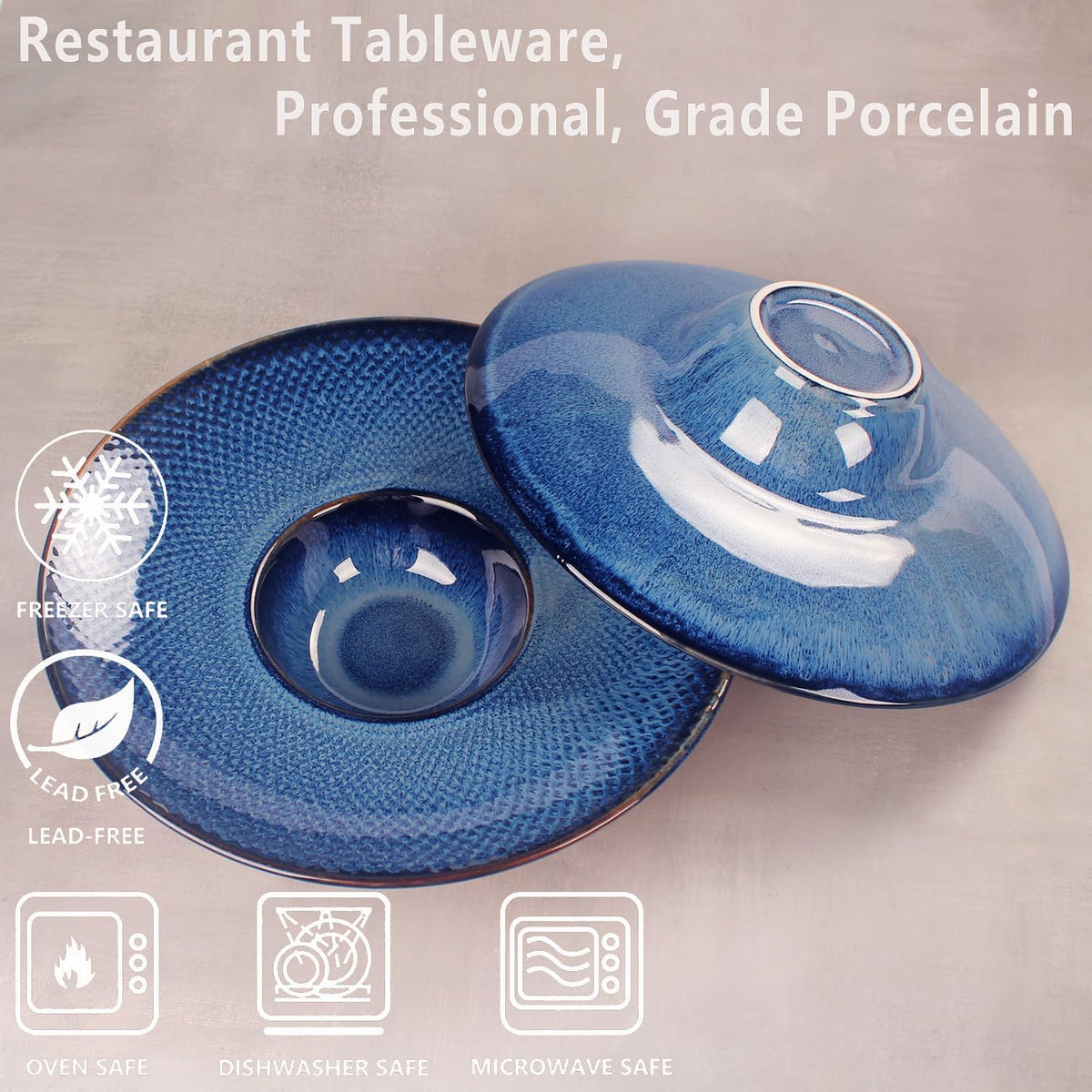 Soup Bowls, Soup Plates, 5.1 oz, Porcelain Pasta Bowl Set of 4, Wide edge Shallow Bowl Plates, Rimmed Bowls with Rim, Best choice for high-end restaurants and foodies,Royal blue 9.8 Inch