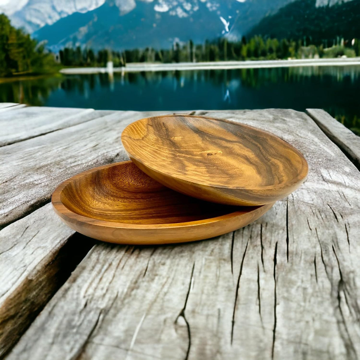 Acacia Wood Oval Shallow Bowls, Set of 2, Salad, Fruit, Bread & Snack Bowls