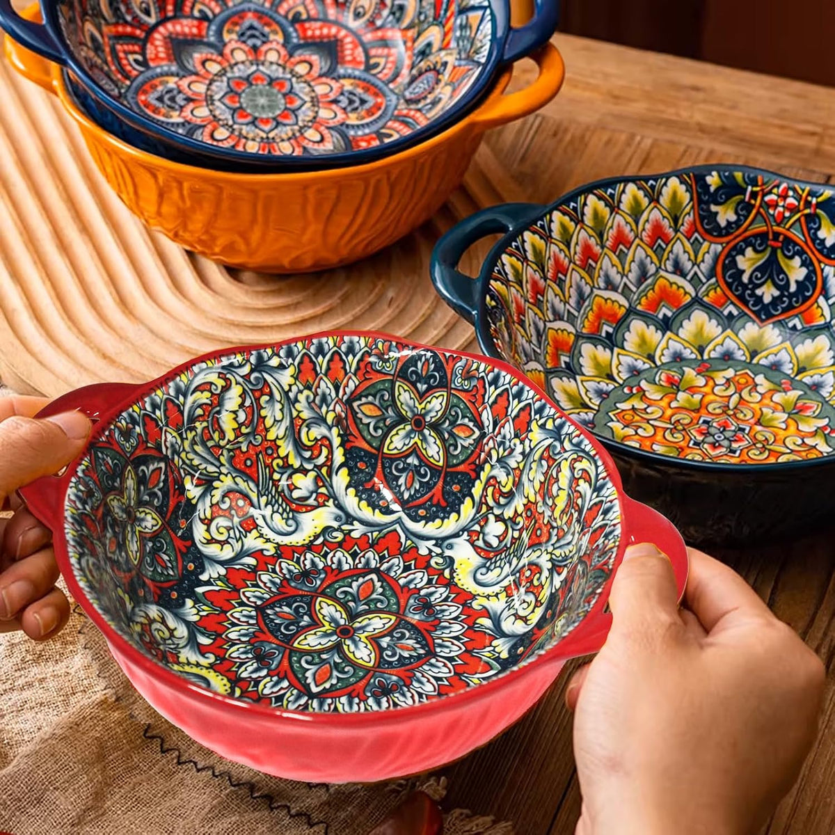 Bohemia Large Bowls with Handle, 40 oz Ceramic Soup Bowl for Salad, Pasta, Cereal,Fruit, Udon, Microwave & Dishwasher Safe (Orange)