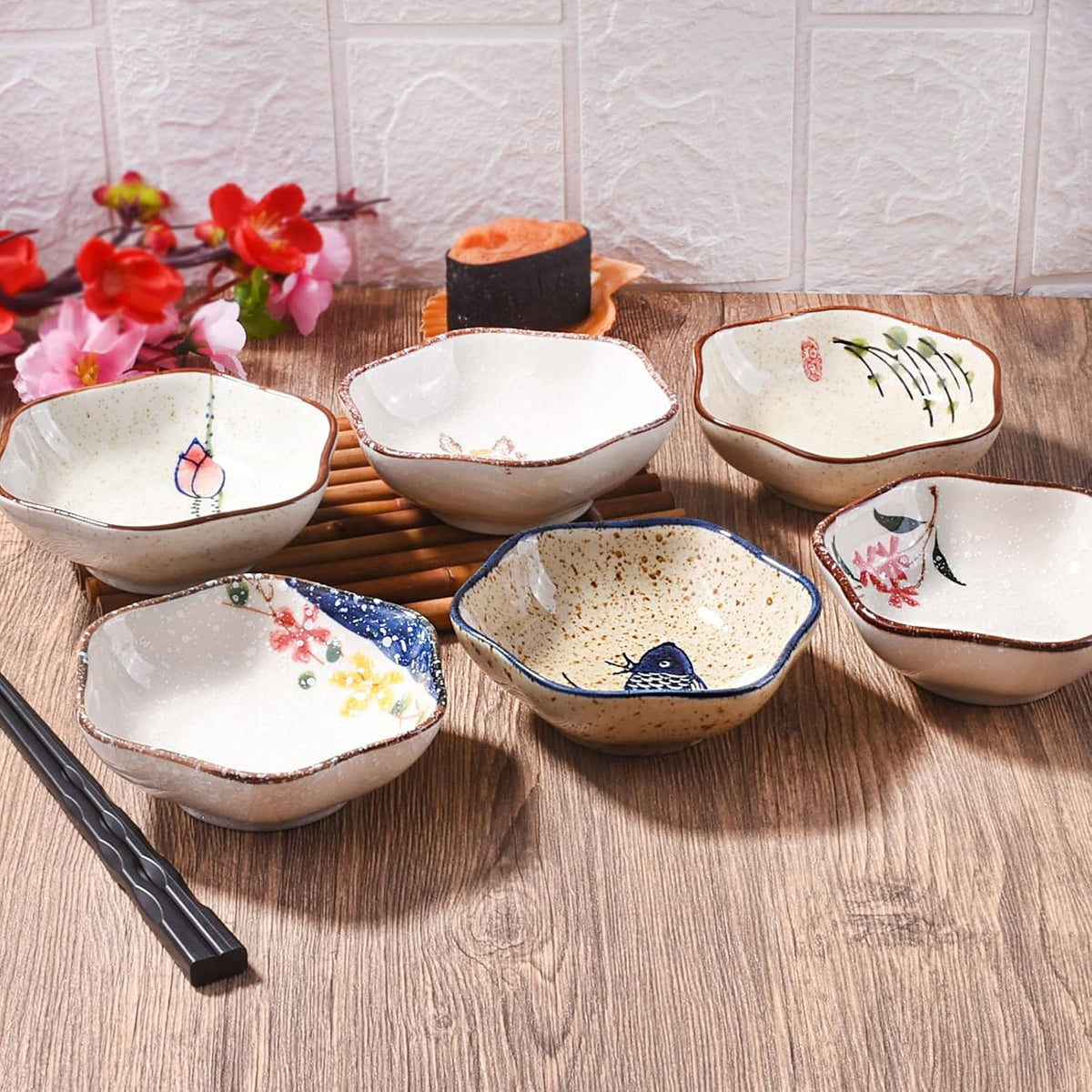 Japanese Ceramic Soy Sauce Dish Set of 6, 4'' Vintage Small Dipping Bowls