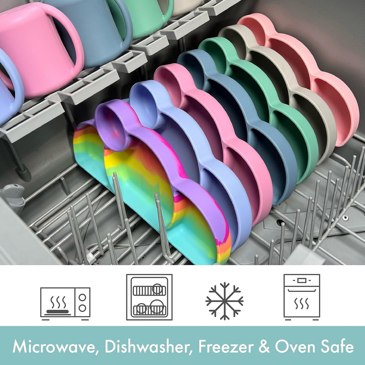 PrimaStella Silicone Easy-Reach Divided Toddler Plate - BPA Free - Microwave & Dishwasher Safe (Rainbow Swirl)