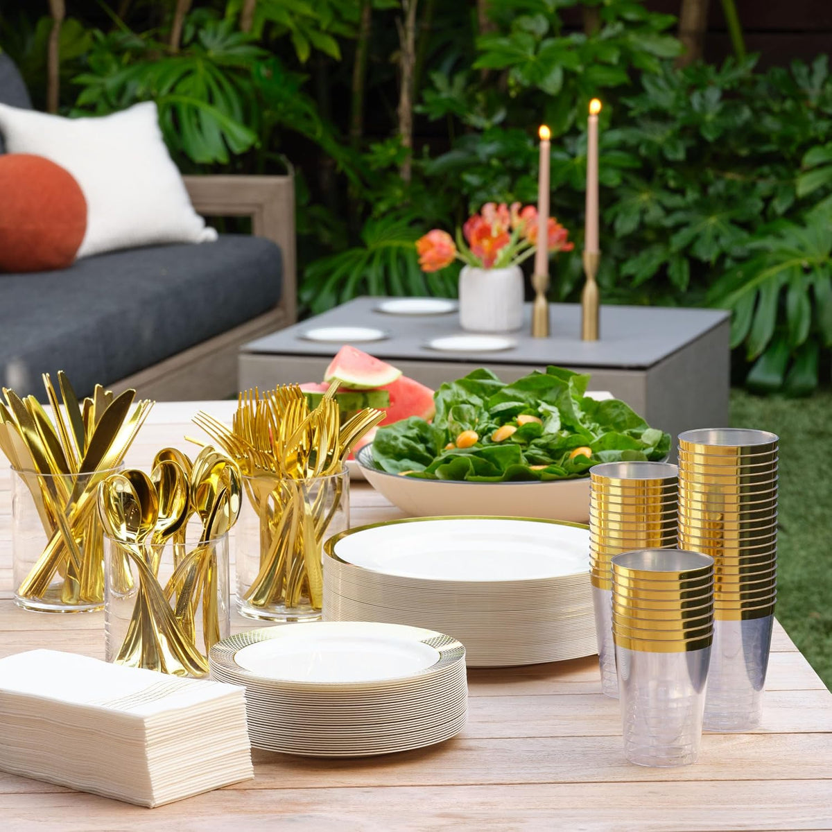 By Madee HEAVYWEIGHT White Plastic Plates with Gold Trim 175 PCS