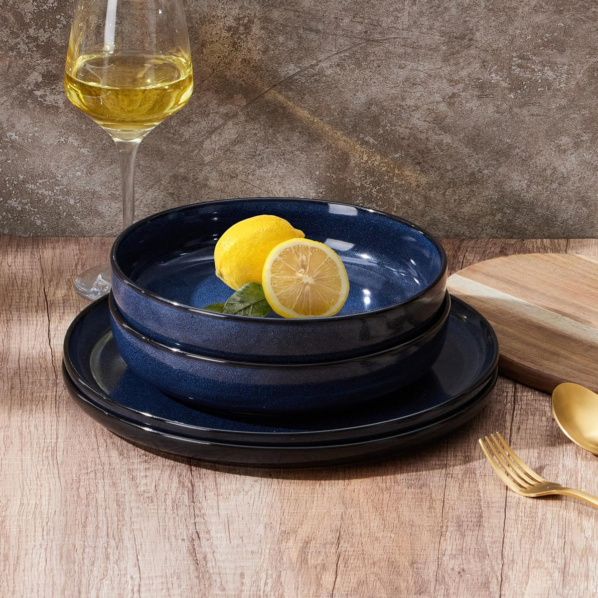 E-far Blue Pasta Bowls Set of 4, 35oz Double Reactive Glaze Stoneware