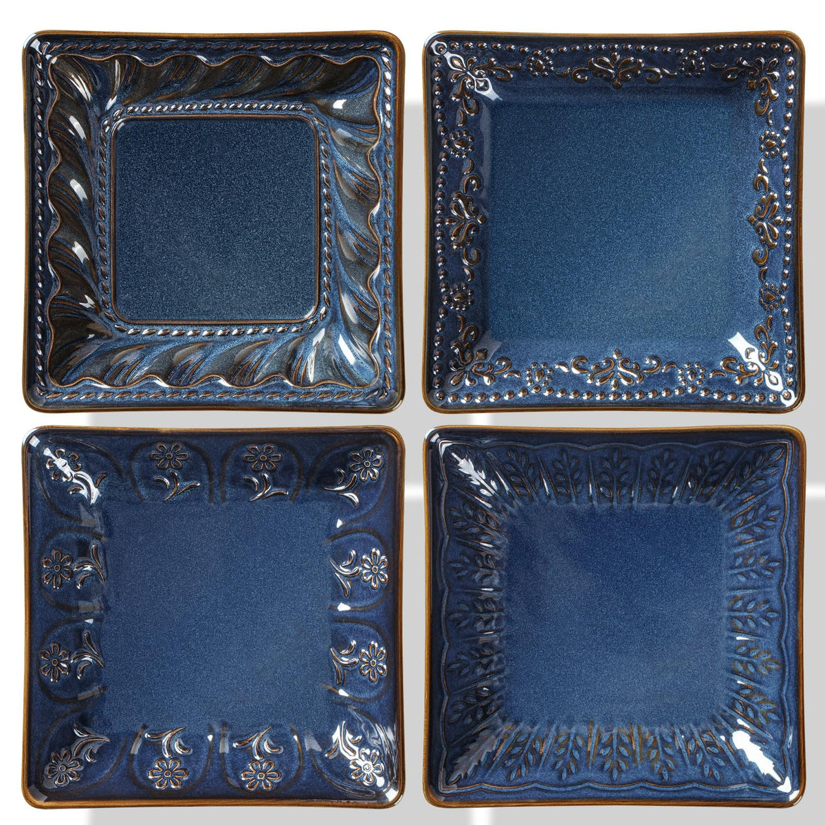 Artena Ceramic Square Dessert Plates Set of 4, 6 Inch Embossed Appetizer Plates for Snack, Bread, Sauce & Side Dish – Microwave & Dishwasher Safe, Scratch Resistant, White, Damask Floral