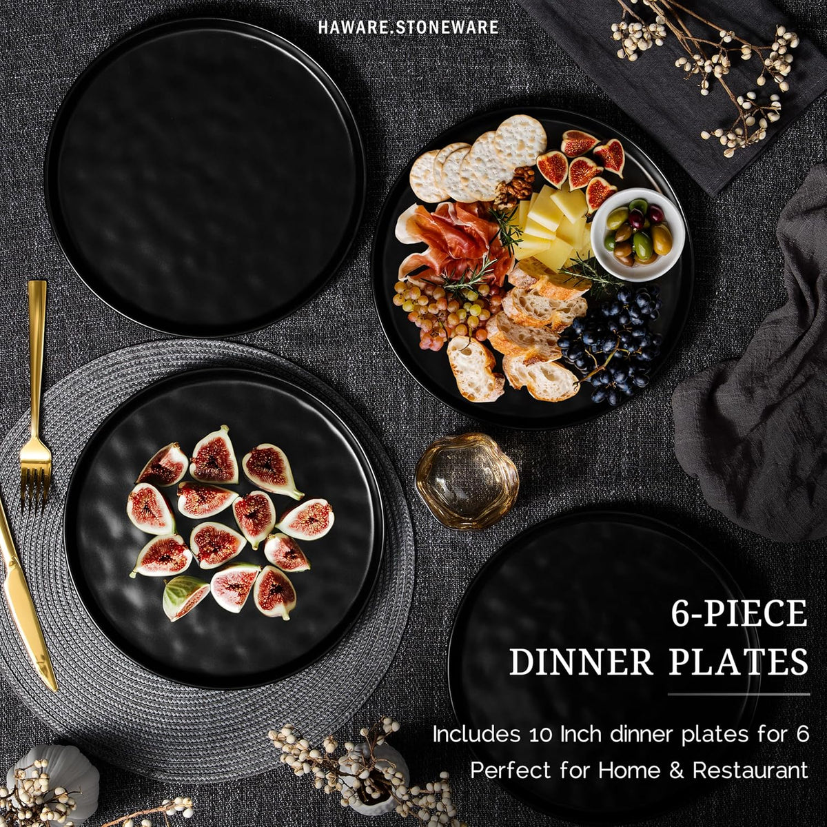 HaWare Stoneware Dinner Plates Set of 6, 10" Heavy Duty Ceramic Plate, Reactive Glaze Ripple Dinnerware for Home Restaurant, Chip and Scratch Resistant, Microwave and Dishwasher Safe, Matte Black
