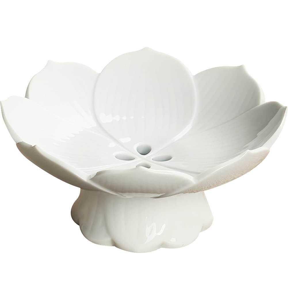 Pedestal Fruit Bowl Centerpiece, 6.3 Inch Ceramic Lotus Footed Bowl with Removable Drainage Base, Decorative Compote Serving Dish for Fruit, Bread, Snacks and Desserts, Red