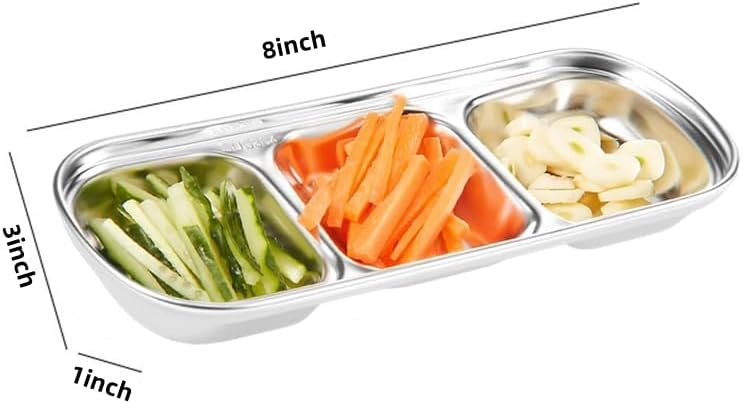 XIYUAN 3 Piece Stainless Steel Sauce Tray, Divided DippingTray, 3 Compartment Appetizer Serving Tray for Sauce, Ketchup, Dressing, Silver, 8 X 3 Inches (3 Compartment)