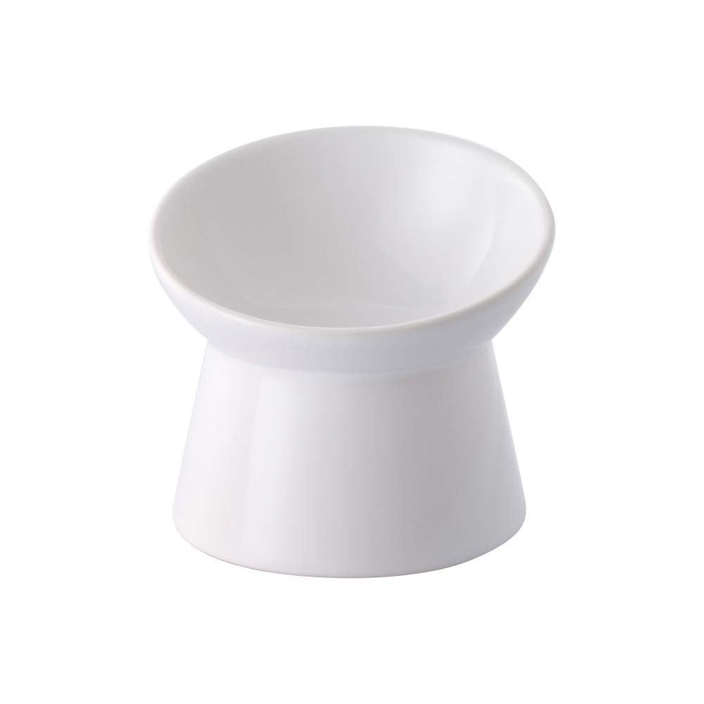 Raised Ceramic Cat Food Bowl - Elevated Base, Tilted, Anti Vomit - Whisker Friendly Shallow Wide Feeding Bowl - Microwave and Dishwasher Safe