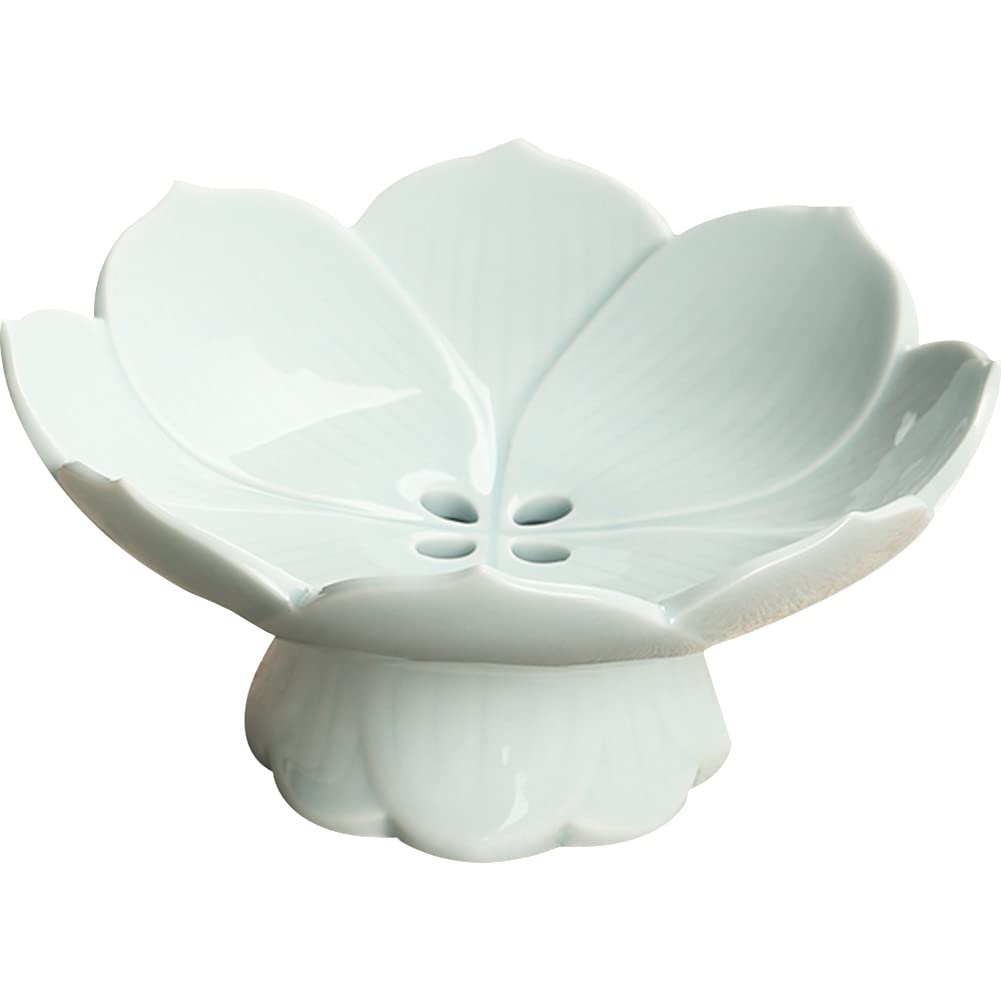 Pedestal Fruit Bowl Centerpiece, 6.3 Inch Ceramic Lotus Footed Bowl with Removable Drainage Base, Decorative Compote Serving Dish for Fruit, Bread, Snacks and Desserts, Red