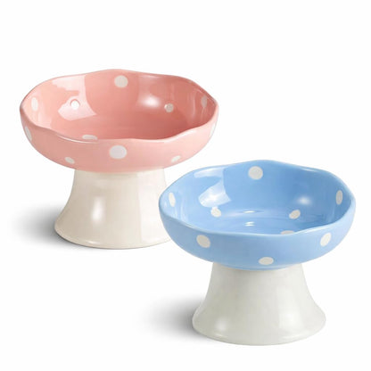 Pink Mushroom Cat Bowl, Elevated Ceramic Feeding Bowl