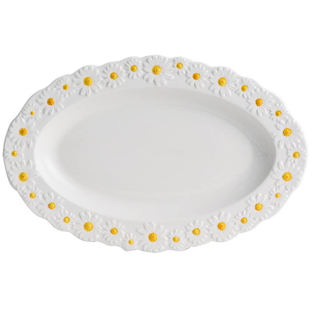 WAYUTO Ceramic Daisy Flat Plate Embossed Dessert Dish Small Daisy Edge Relief Dinnerware Steak Plate Irregular Dining Dish for Soup Crockery Kitchen Decoration Tableware Household Wedding