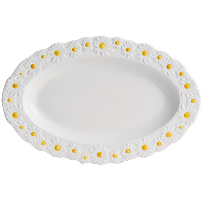WAYUTO Ceramic Daisy Flat Plate Embossed Dessert Dish Small Daisy Edge Relief Dinnerware Steak Plate Irregular Dining Dish for Soup Crockery Kitchen Decoration Tableware Household Wedding