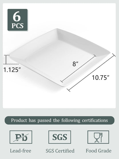 Porcelain Square Dinner Plates, 10.75 Inch Square Serving Plate for Steak, Pasta, Salad, Snacks, Pizza, Appetizer Plates, Set of 6, White