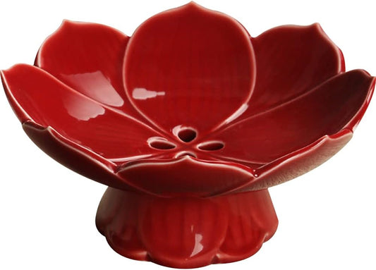 Pedestal Fruit Bowl Centerpiece, 6.3 Inch Ceramic Lotus Footed Bowl with Removable Drainage Base, Decorative Compote Serving Dish for Fruit, Bread, Snacks and Desserts, Red
