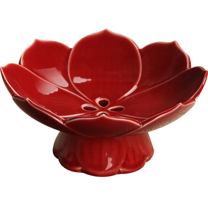 Pedestal Fruit Bowl Centerpiece, 6.3 Inch Ceramic Lotus Footed Bowl with Removable Drainage Base, Decorative Compote Serving Dish for Fruit, Bread, Snacks and Desserts, Red