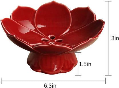 Pedestal Fruit Bowl Centerpiece, 6.3 Inch Ceramic Lotus Footed Bowl with Removable Drainage Base, Decorative Compote Serving Dish for Fruit, Bread, Snacks and Desserts, Red