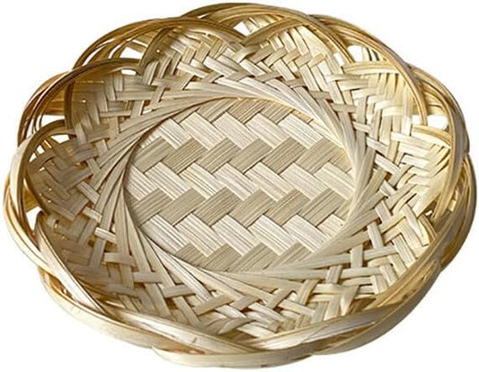 Handmade Bamboo Basket Woven-Basket Tray Flower Shape Shallow Holder Fruit Snack Serving Basket Handmade Woven Stackable Storage Home Decorative