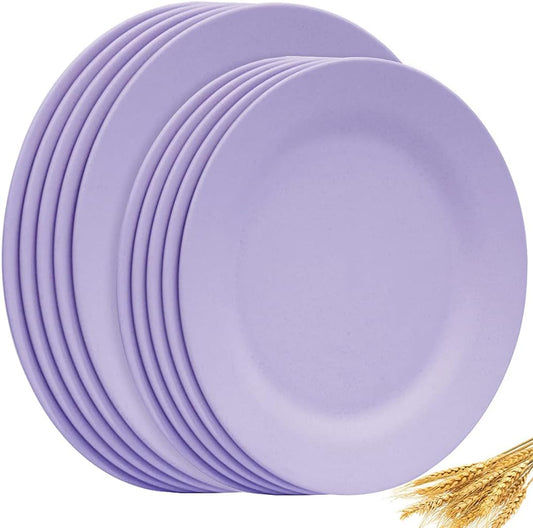 10inch 11inch Dinner Plates Set of 10, Reusable Wheat Straw Dessert Dishes, Round Pasta Salad Serving Plate, Unbreakable Kids Fiber Dinnerware for Party Steak Pizza (Purple)