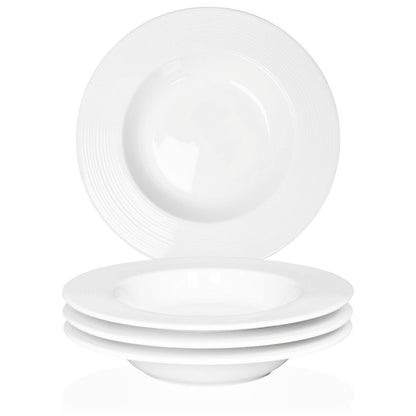 Soup Plates Fine Soup bowls Set of 4, 10.5 Inch Ceramics Oval Rimmed Small Mouth Pasta Plates, for high end restaurants and best choice for gourmets, Modern and stylish tableware