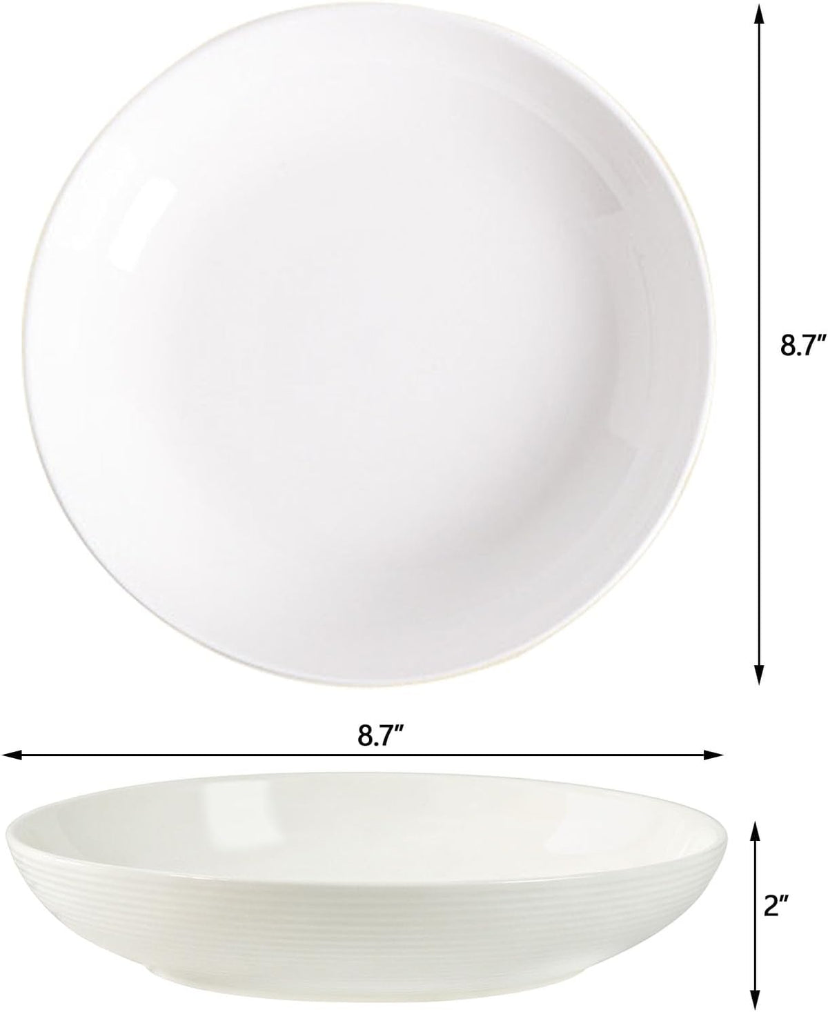 White Ceramic Pasta Bowls Set of 4, 8.7 Inch Large Deep Salad Plates with Textured Rim, Wide Shallow Soup Bowls, Microwave & Dishwasher Safe Porcelain Dinner Plates for Kitchen Dining