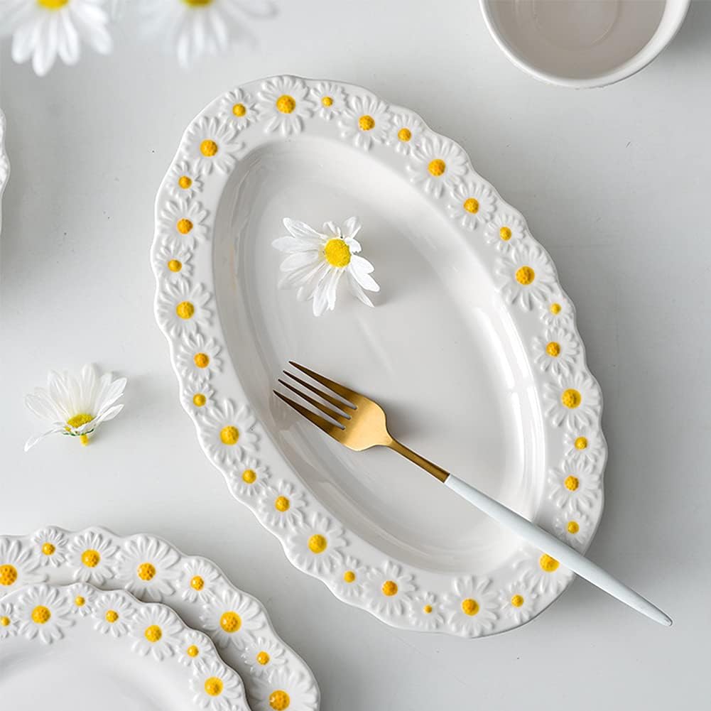 WAYUTO Ceramic Daisy Flat Plate Embossed Dessert Dish Small Daisy Edge Relief Dinnerware Steak Plate Irregular Dining Dish for Soup Crockery Kitchen Decoration Tableware Household Wedding