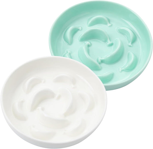 2 Pack Ceramic Cat Slow Feeder Bowl Set, 6.3" Wide, Slow Eating 5X