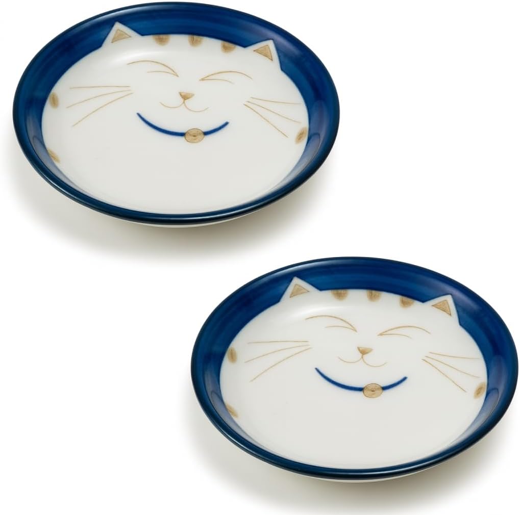 JapanBargain 2566, Set of 2 Japanese Porcelain Dipping Sauce Dishes for Appetizer Dessert Cake Snack with Maneki Neko Smiling Lucky Cat Pattern for Cat Lovers, Made in Japan, 4.75-inch, Blue
